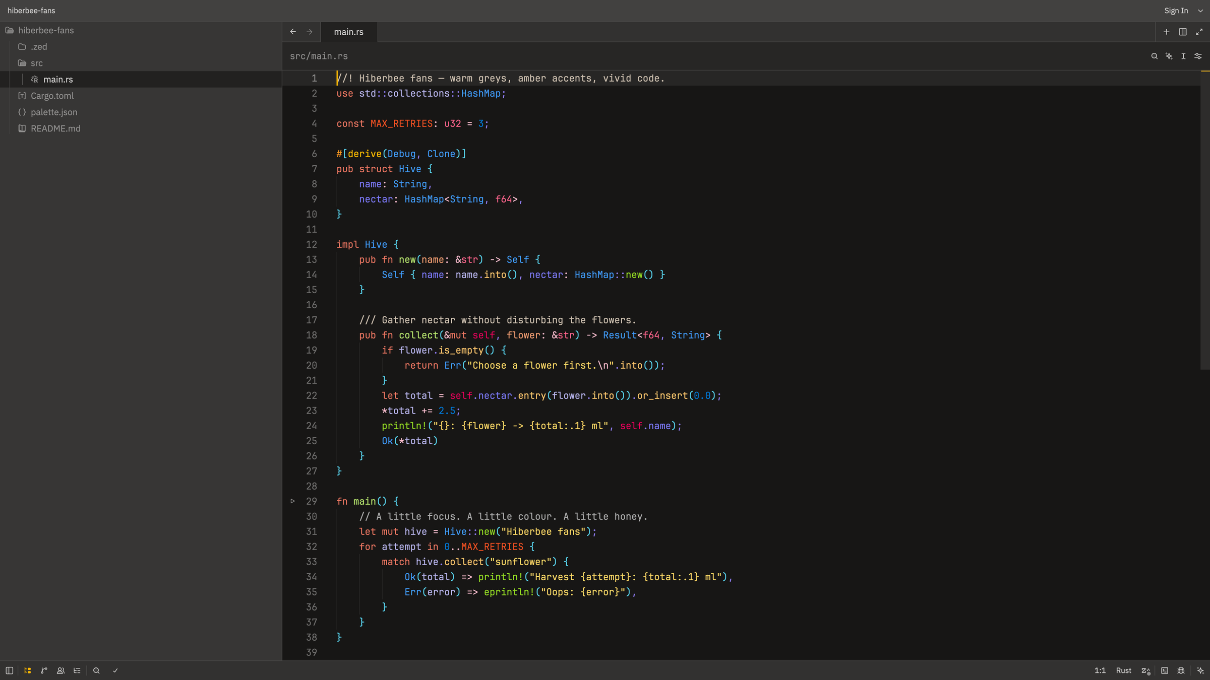 Hiberbee fans in Zed — Rust syntax highlighting and warm grey UI