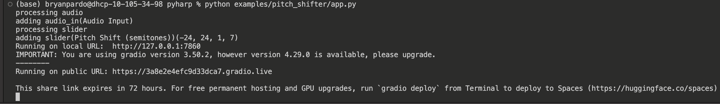 example commandline output for deplying a gradio app.py