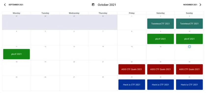 Screenshot of the CTF calendar
