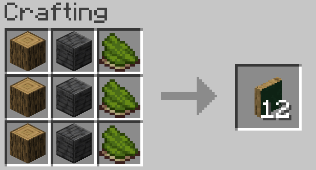 Crafting recipe showing logs, polished deepslate, and green or lime dye arranged in a grid