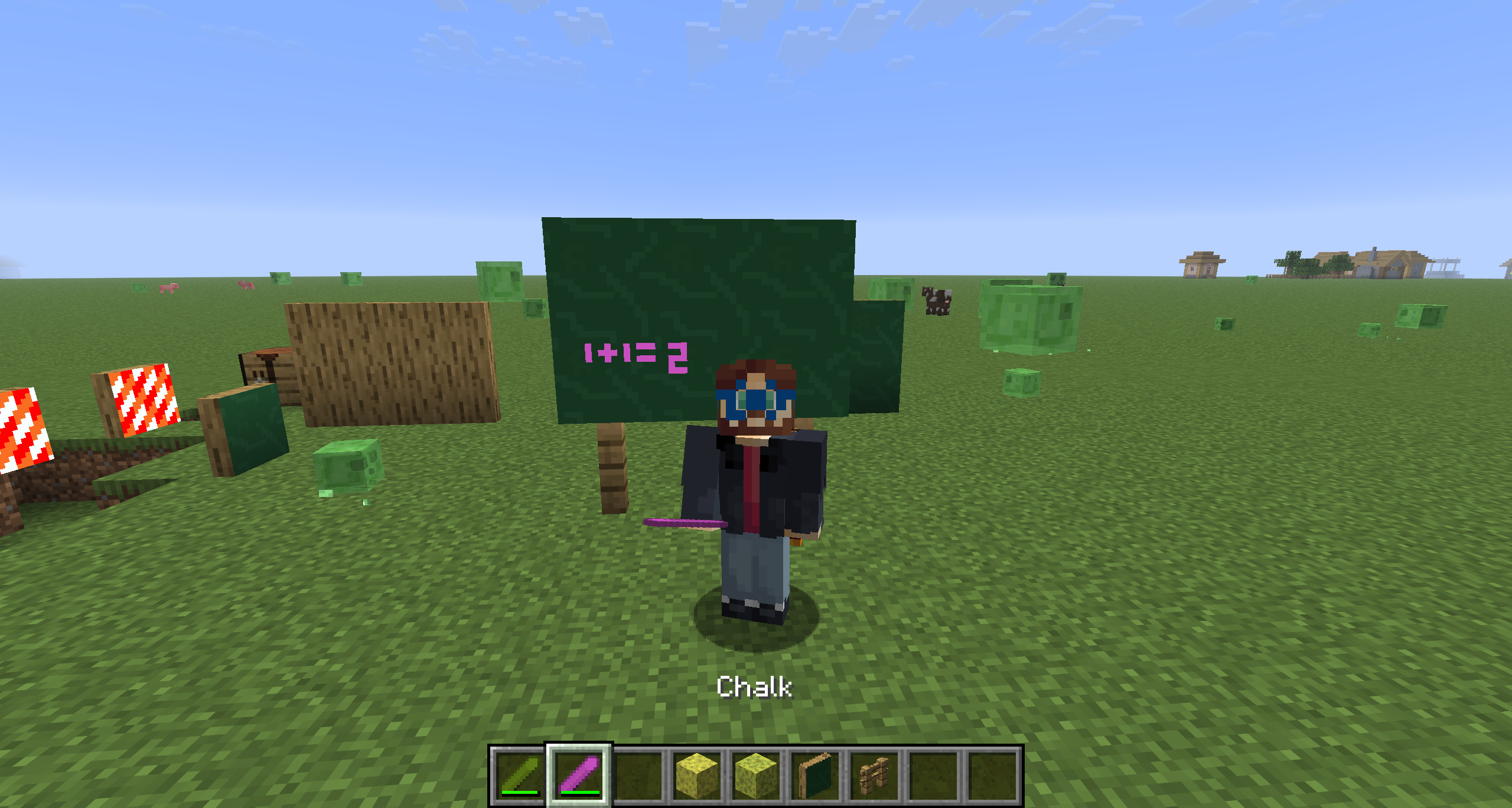 Minecraft player standing in the center surrounded by multiple chalkboards, holding a piece of chalk