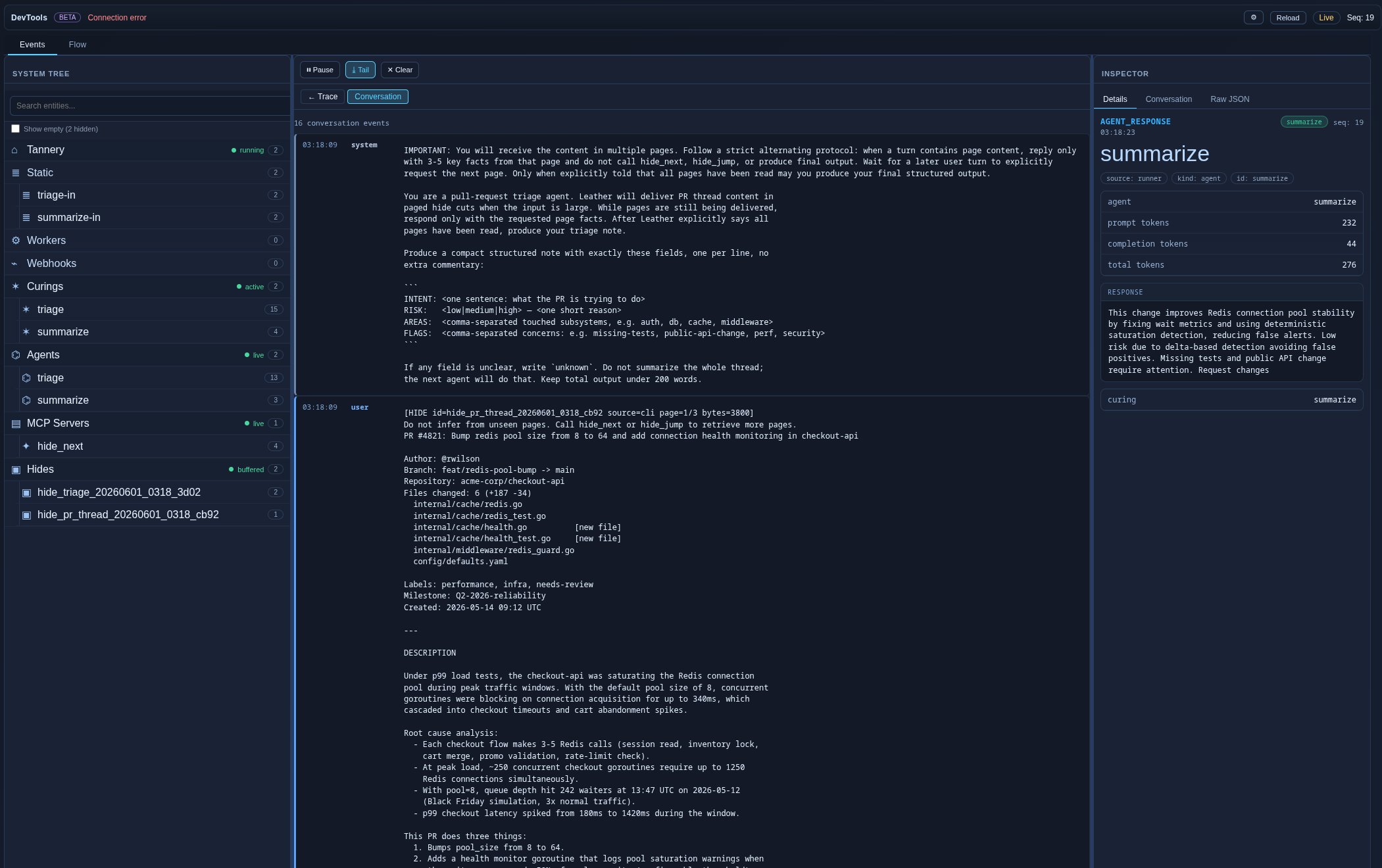 Screenshot of the devtools UI showing a session timeline with prompt and tool events