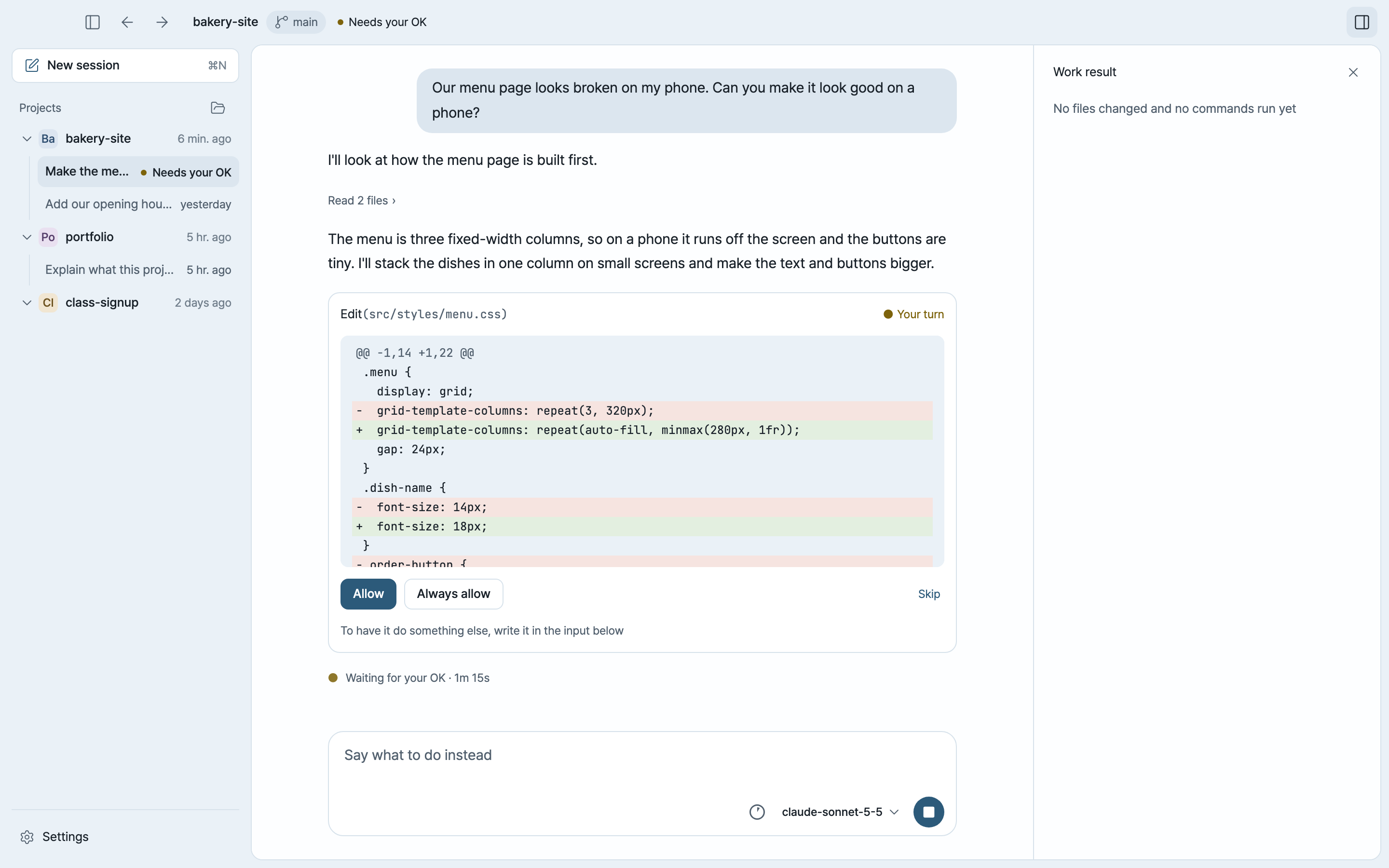 Alpine Code asking before it edits menu.css: the change line by line, with Allow, Always allow and Skip, and 'Needs your OK' next to the session in the list