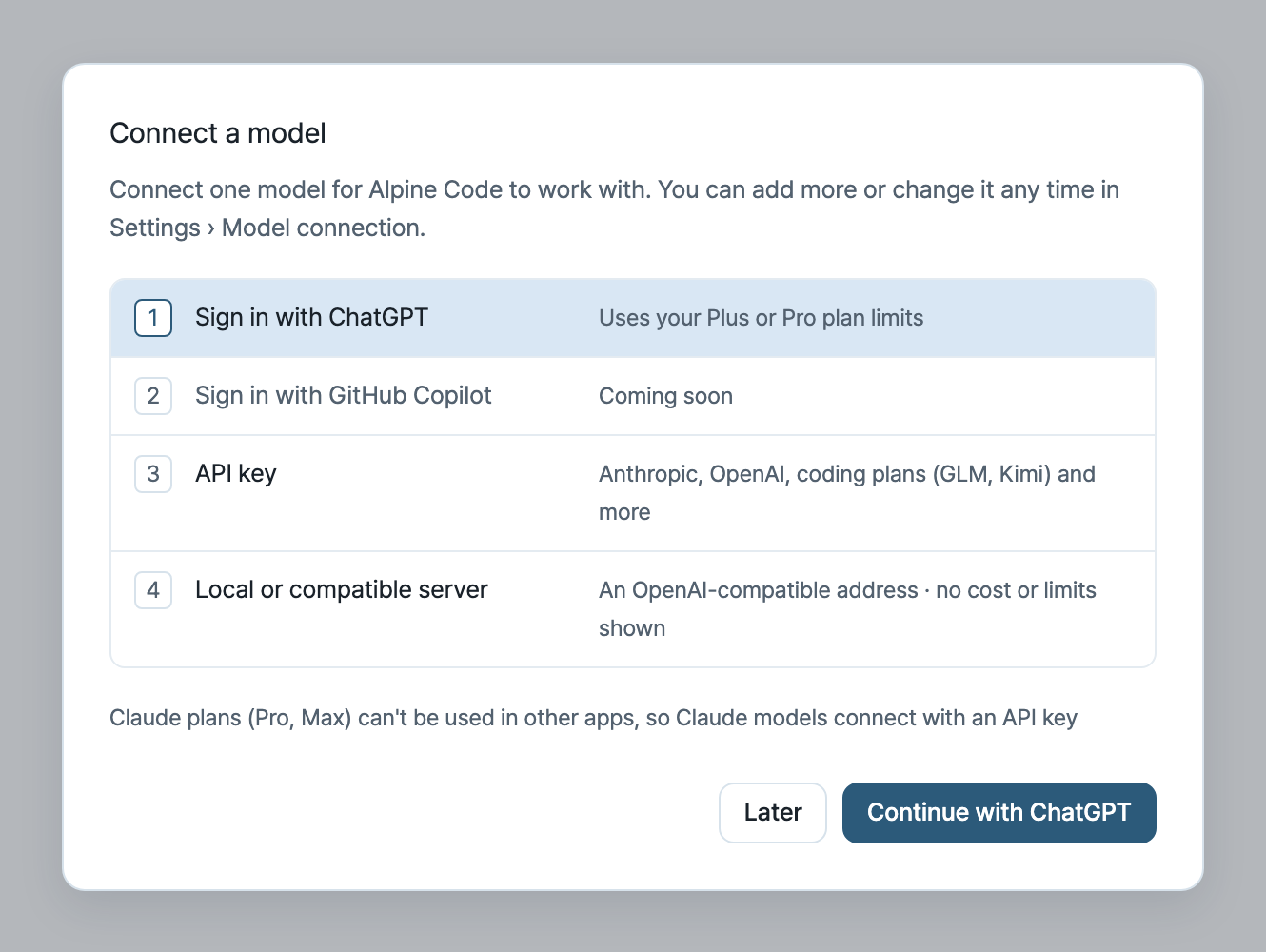The Connect a model dialog: Sign in with ChatGPT, API key, or a local or compatible server