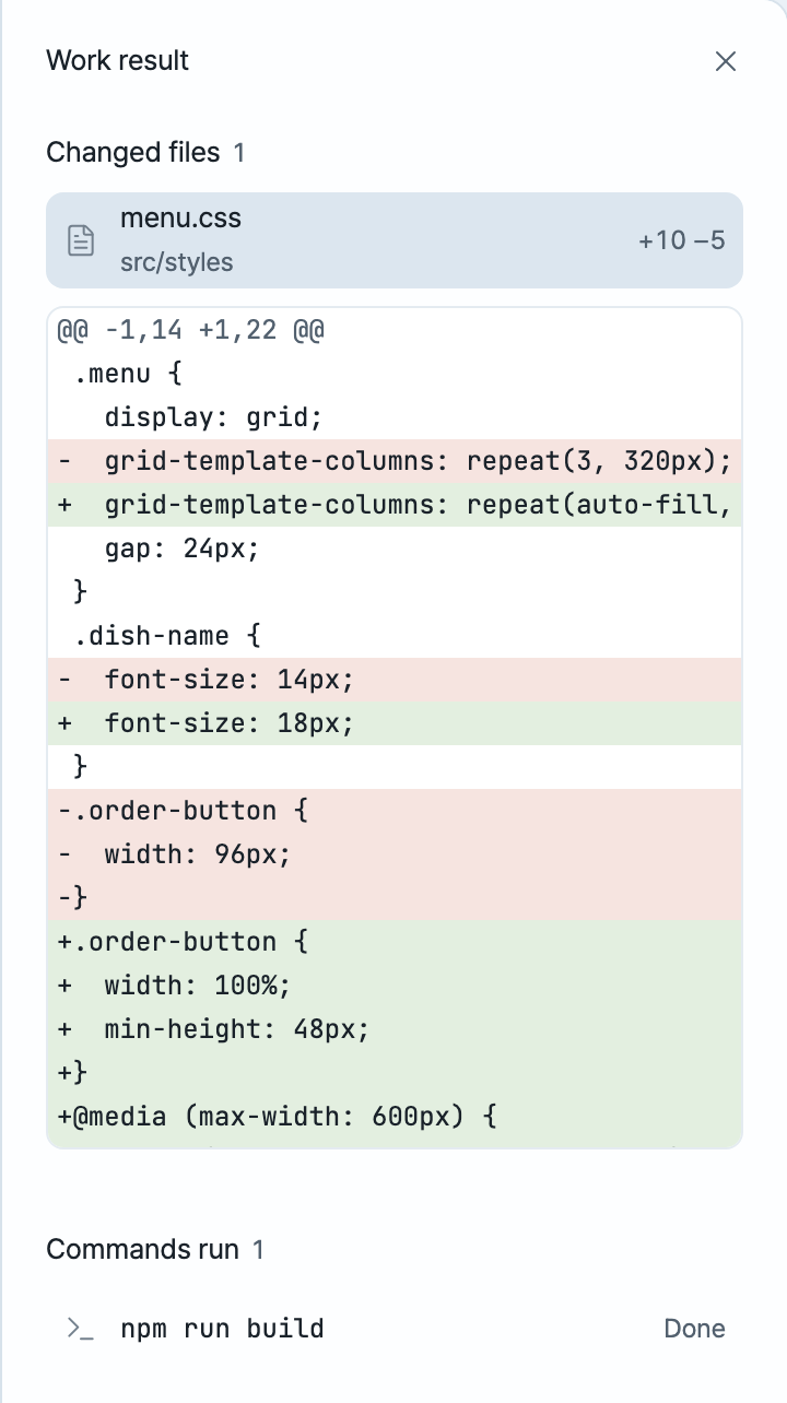 The work result panel with menu.css opened: removed lines in red, added lines in green, and the build command it ran