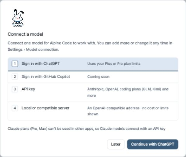 The Connect a model dialog: Sign in with ChatGPT, API key, or a local or compatible server