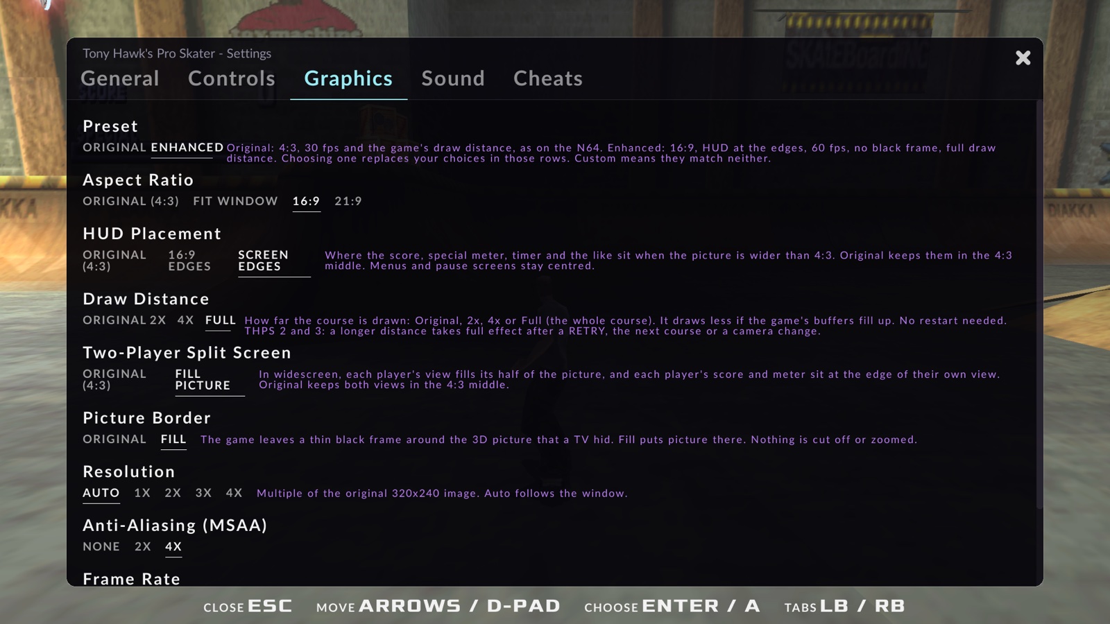 The recomp settings menu, Graphics tab