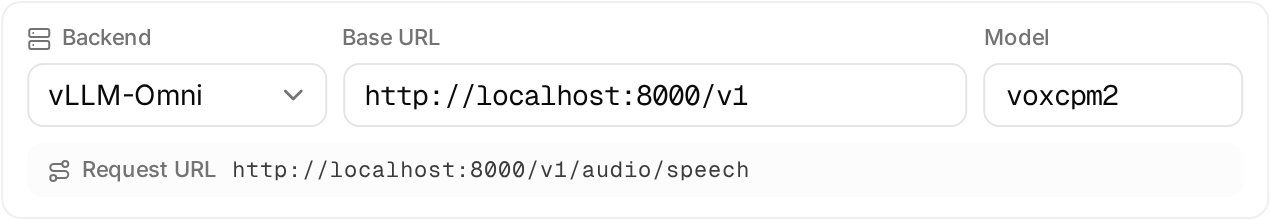 VoxCPM2 connection settings: backend selector, Base URL, model
