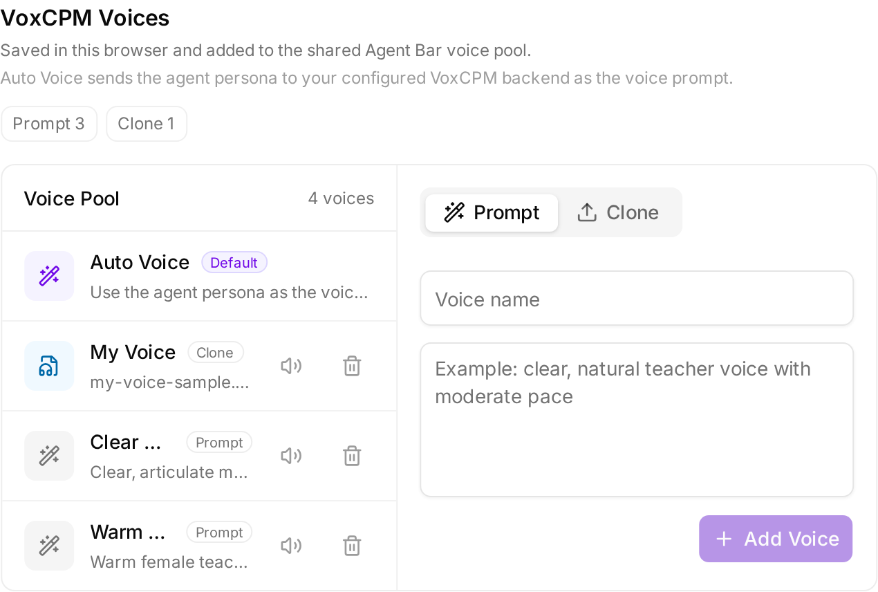 VoxCPM2의 음성 관리 UI 캡처로 Auto/Prompt/Clone 보이스 모드와 보이스 풀 리스트, 보이스 생성 입력 필드가 표시되어 있다.