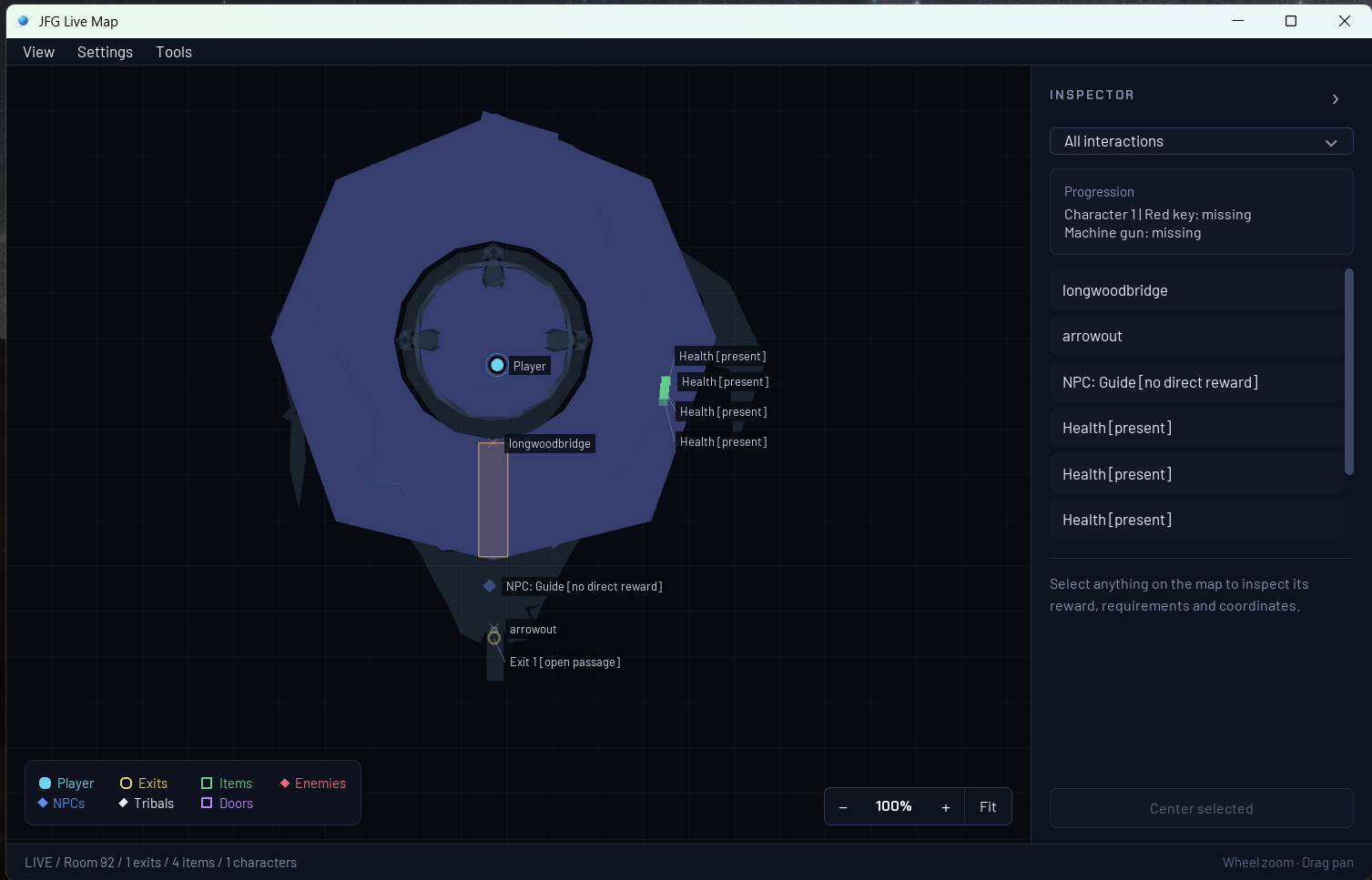 Custom live map showing the player, room geometry, exits, pickups, and an interaction inspector