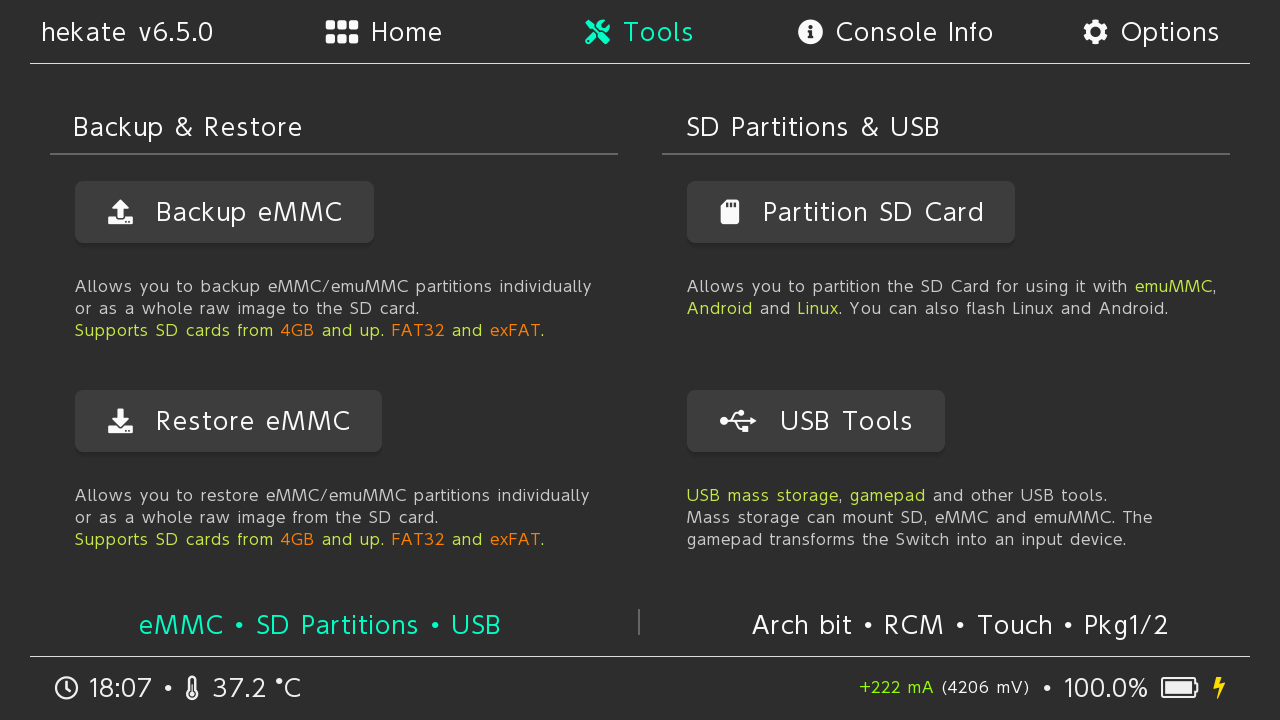 Screenshot of the Tools tab in Hekate