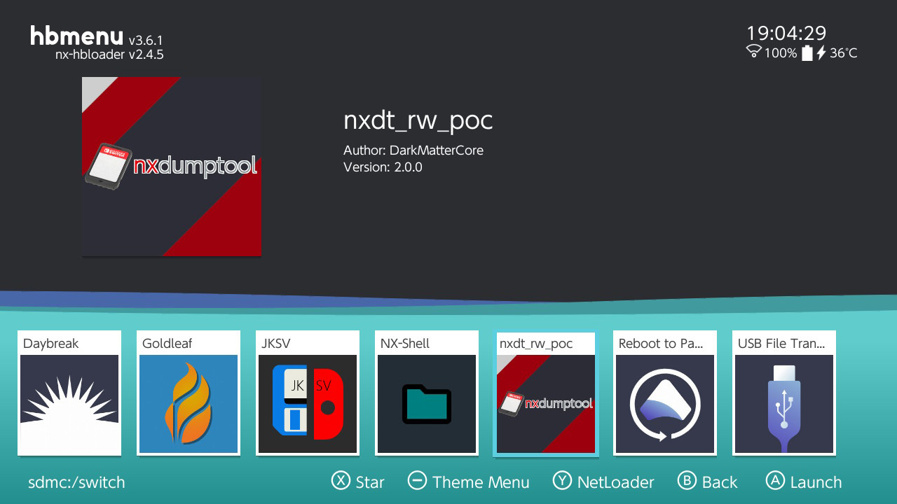 Homebrew Menu screenshot with nxdt_rw_poc selected
