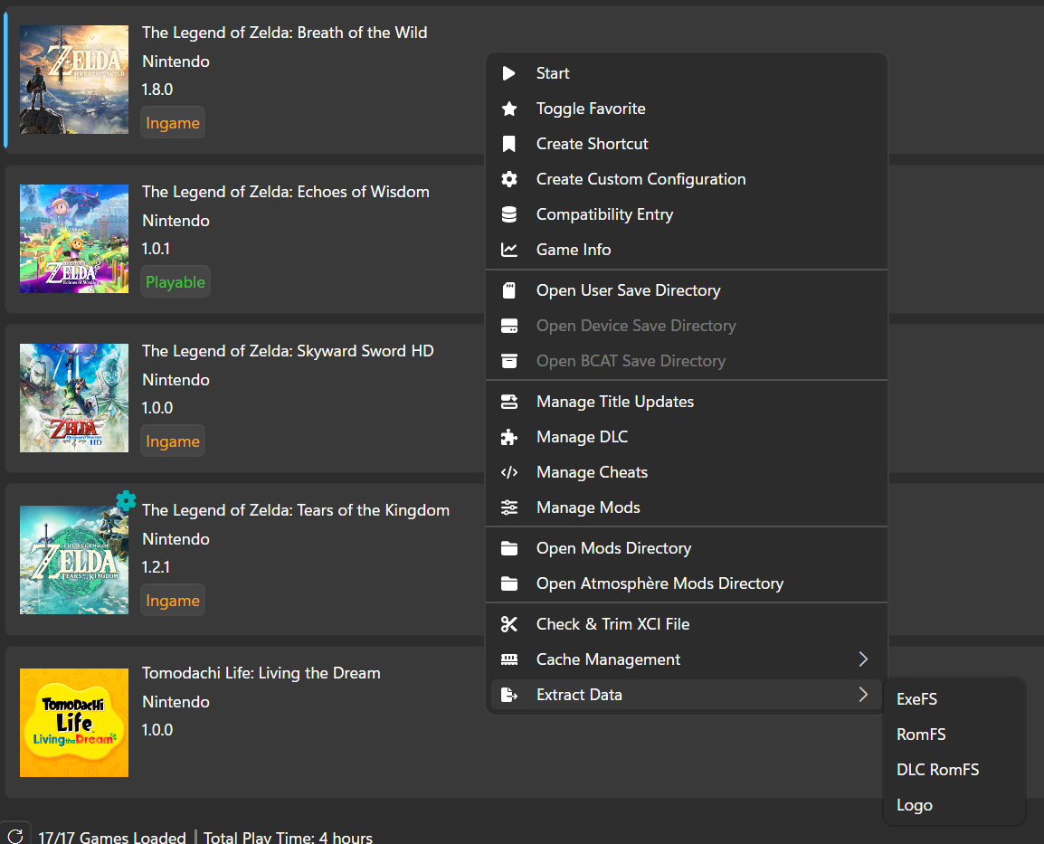 Context menu on Ryubing's main screen for Breath of the Wild. Extract Data is being hovered over, and showing the four aforementioned options