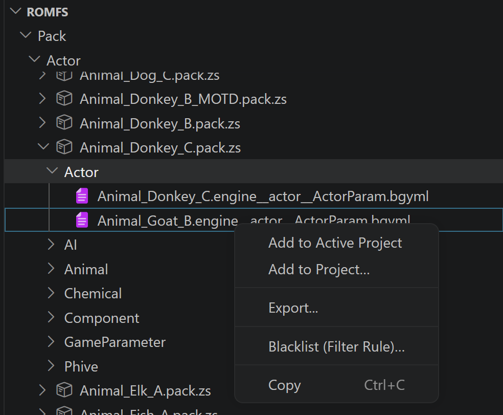 A screenshot of the TOTK Dump page in TKVSC with a .bgyml inside of a .pack file open. The context menu shows the Add to Active Project and Add to Project... prompts