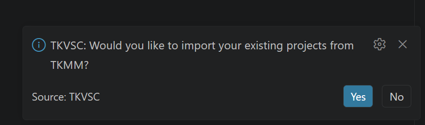 A screenshot of the prompt asking the user if they'd like to import existing Mod Project folders from TKMM