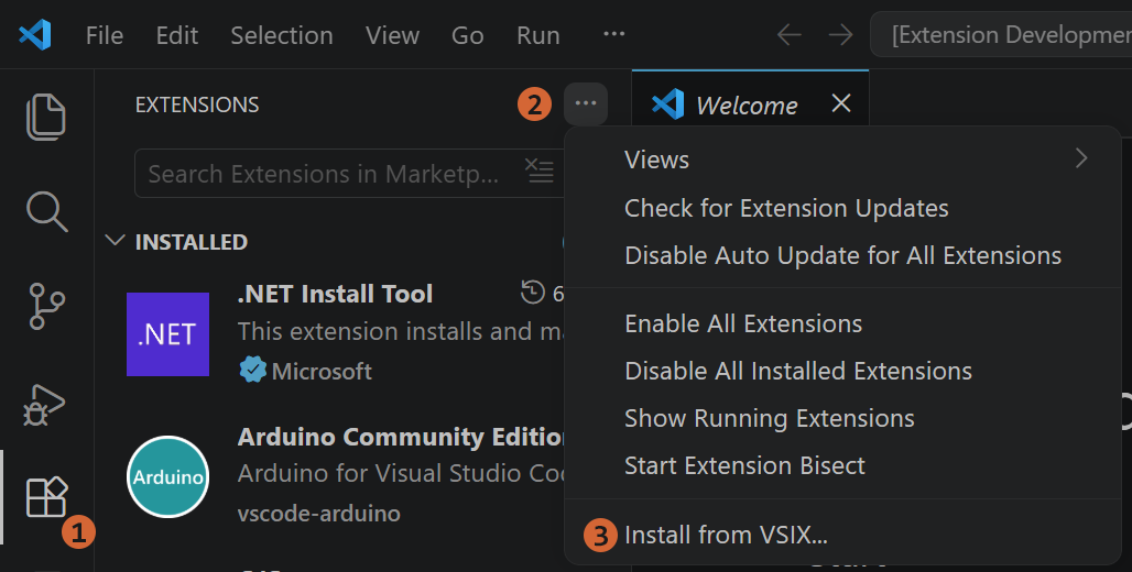 A screenshot of the VS Code Extensions tab with numbered icons at the positions referenced above