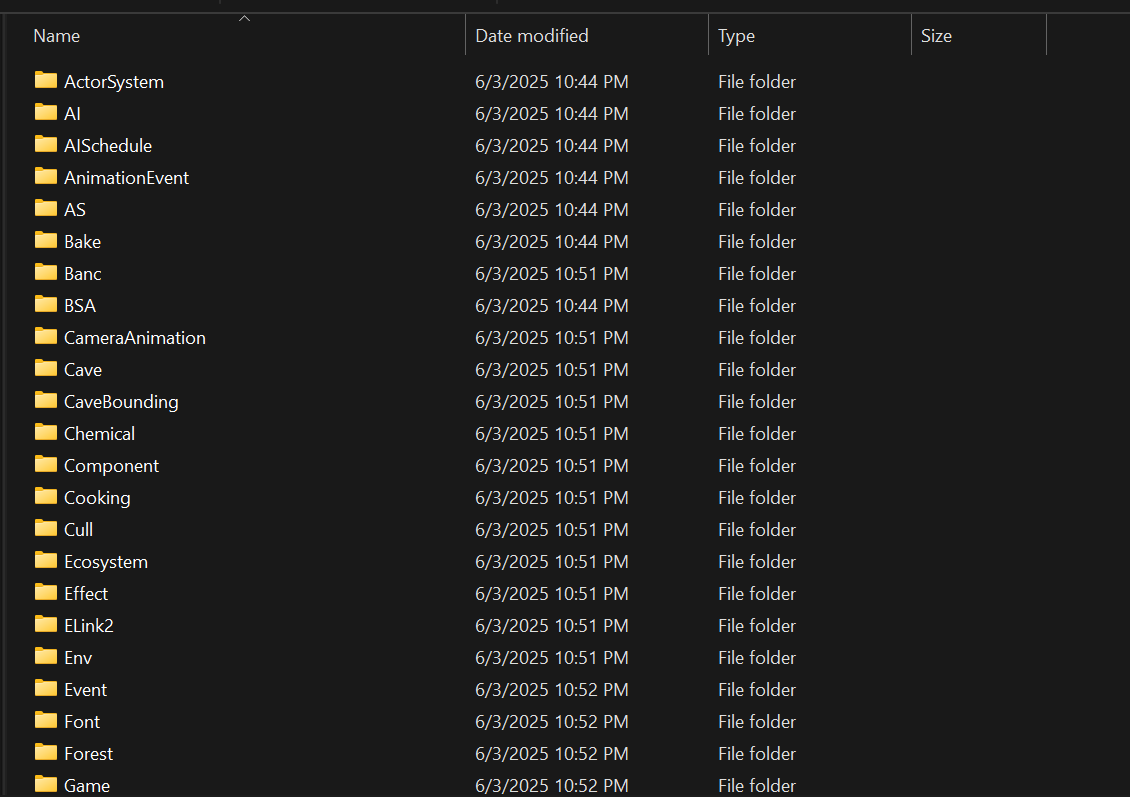A screenshot of a File Explorer window showing many folders in alphabetical order that appear in a valid TOTK RomFS Dump folder