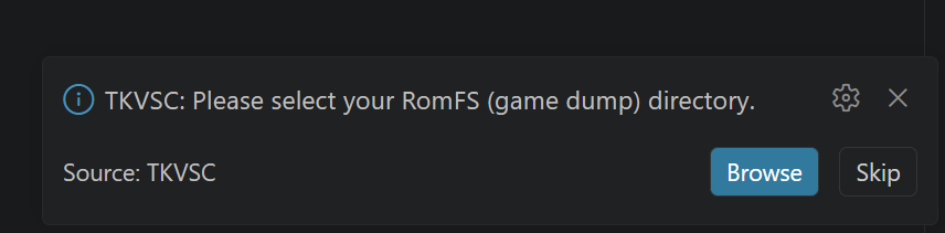 A screenshot of the prompt directing the user to select the folder containing their RomFS Dump