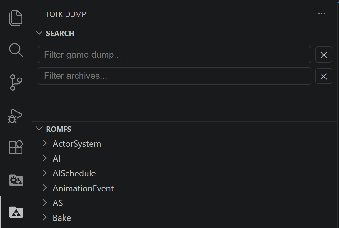 A screenshot of the TOTK Dump page in TKVSC with the Filter game dump... and Filter archives... prompts visible