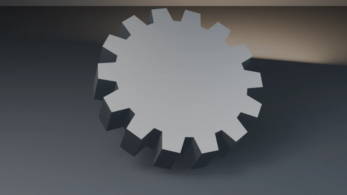 Bmesh gear: a machined steel 14-tooth gear at a three-quarter angle on a dark studio floor