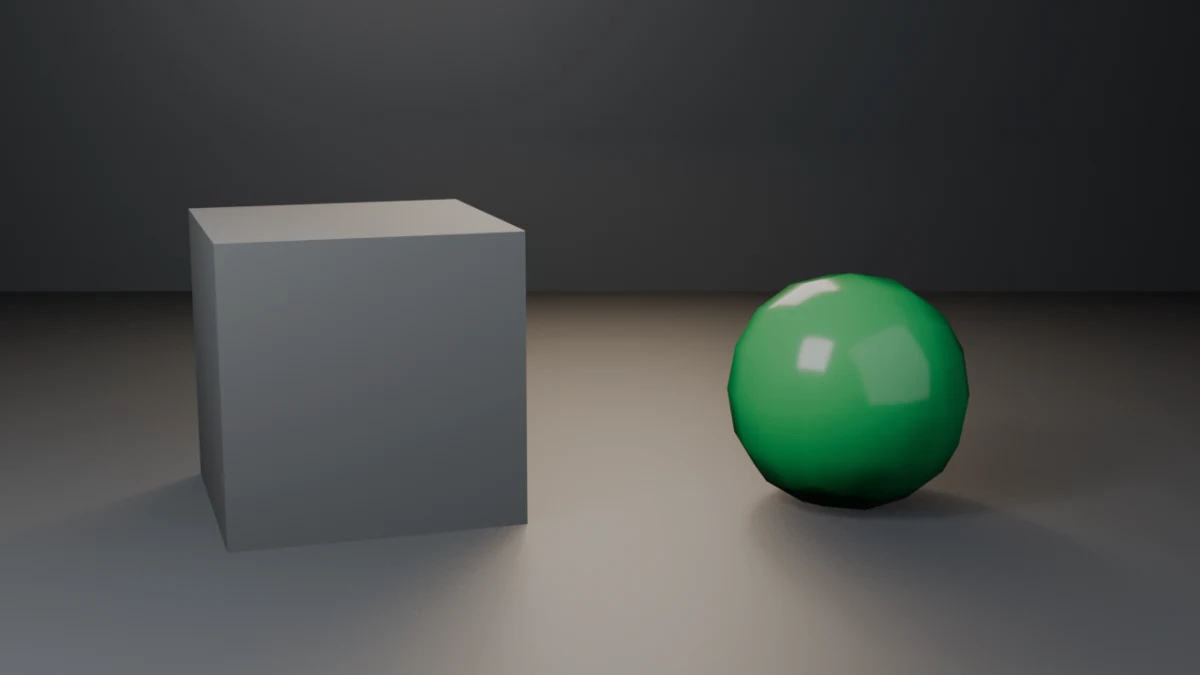 Depsgraph-evaluated export: a matte graphite base cube beside its glossy green subdivision-surface evaluated form on a dark studio floor