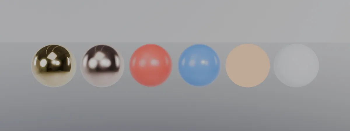 Swatch grid: a row of six shaded spheres - gold and copper metals, red and blue plastics, an emissive orange, and a matte white - on a reflective studio floor, rendered with EEVEE