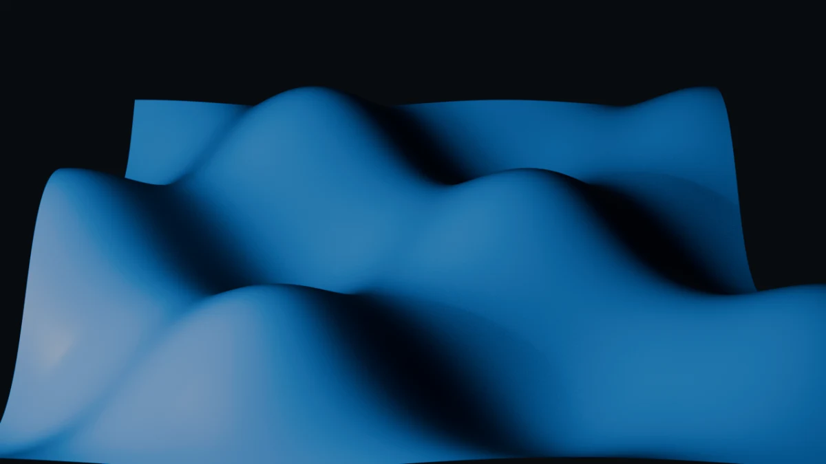 Wave displace: a glossy sapphire-blue surface displaced into smooth standing-wave dunes against a black backdrop
