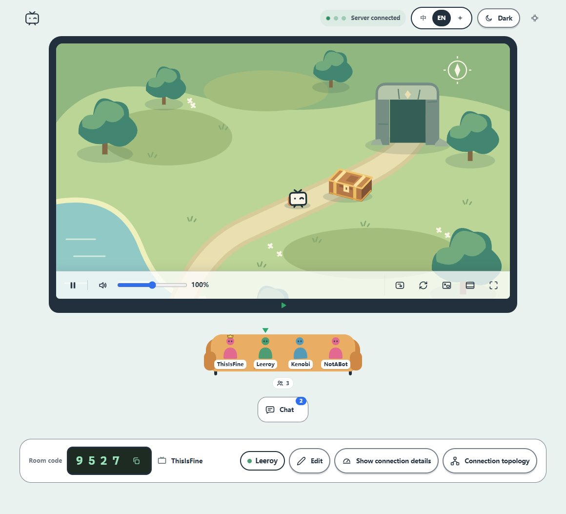 Piik room: a shared game, playback controls, chat and friends on a sofa. The host wears a small gold crown.