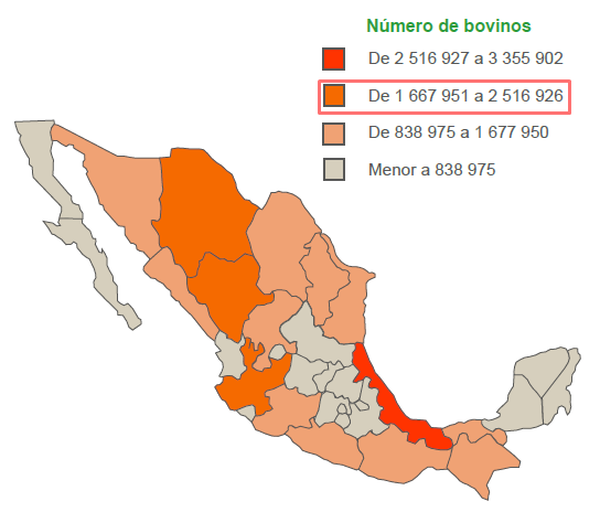 Mapa del número de bovinos en México