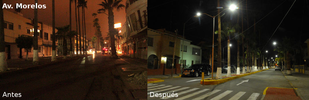 Av. Morelos antes y después del alumbrado led