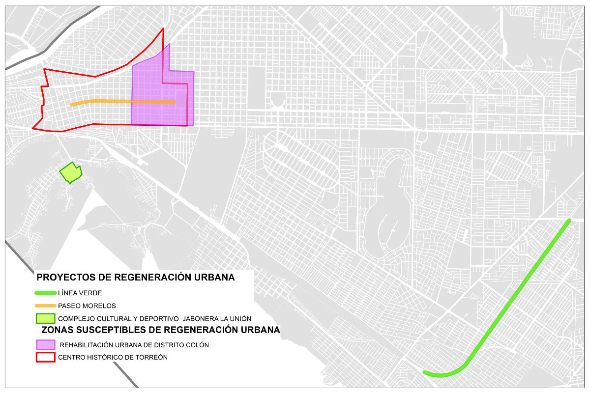 Mapa donde se ha realizado Regeneración urbana en Torreón