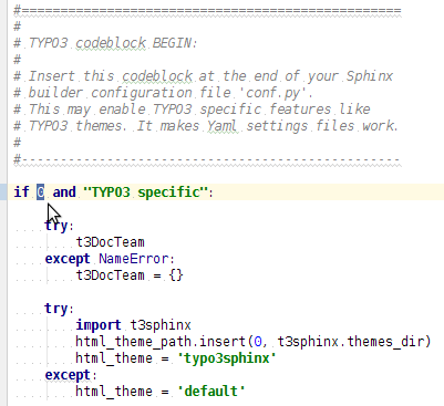 Disable any "TYPO3 codeblock" in your conf.py by writing if 0.