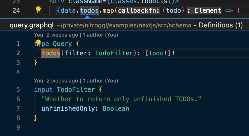 VSCode's "Peek Definition" command showing the original GraphQL query