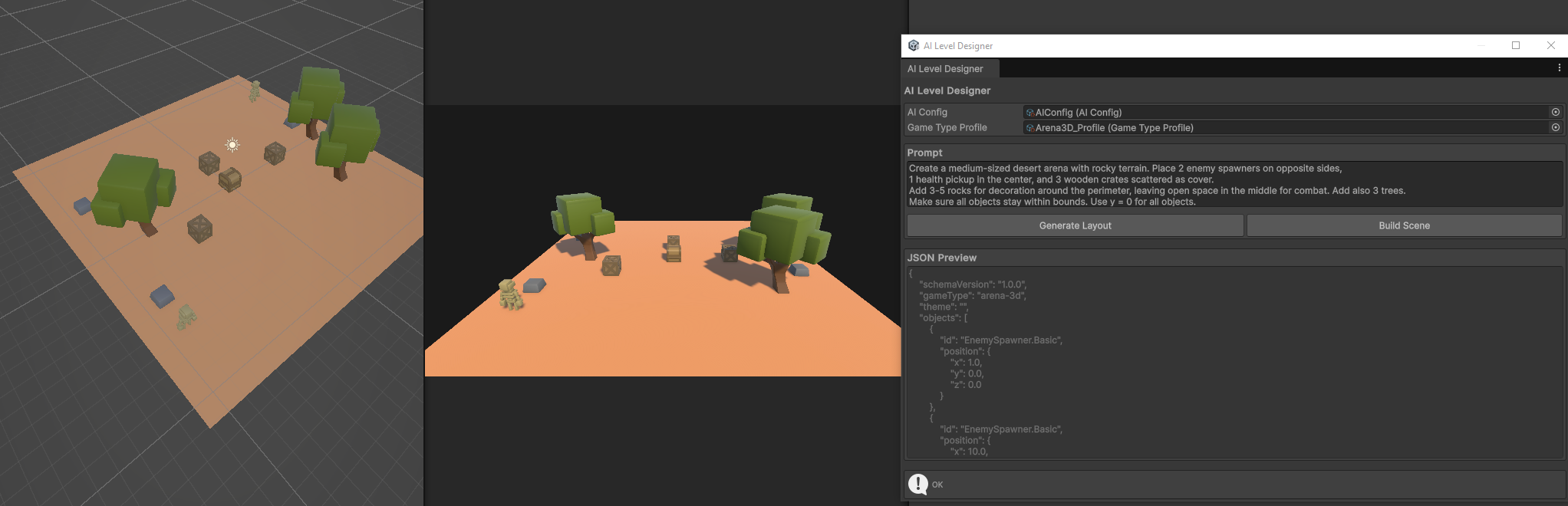 ภาพหน้าจอ Unity แสดงผังด่านทะเลทรายที่จัดวางต้นไม้ กล่อง และจุดเกิดศัตรู