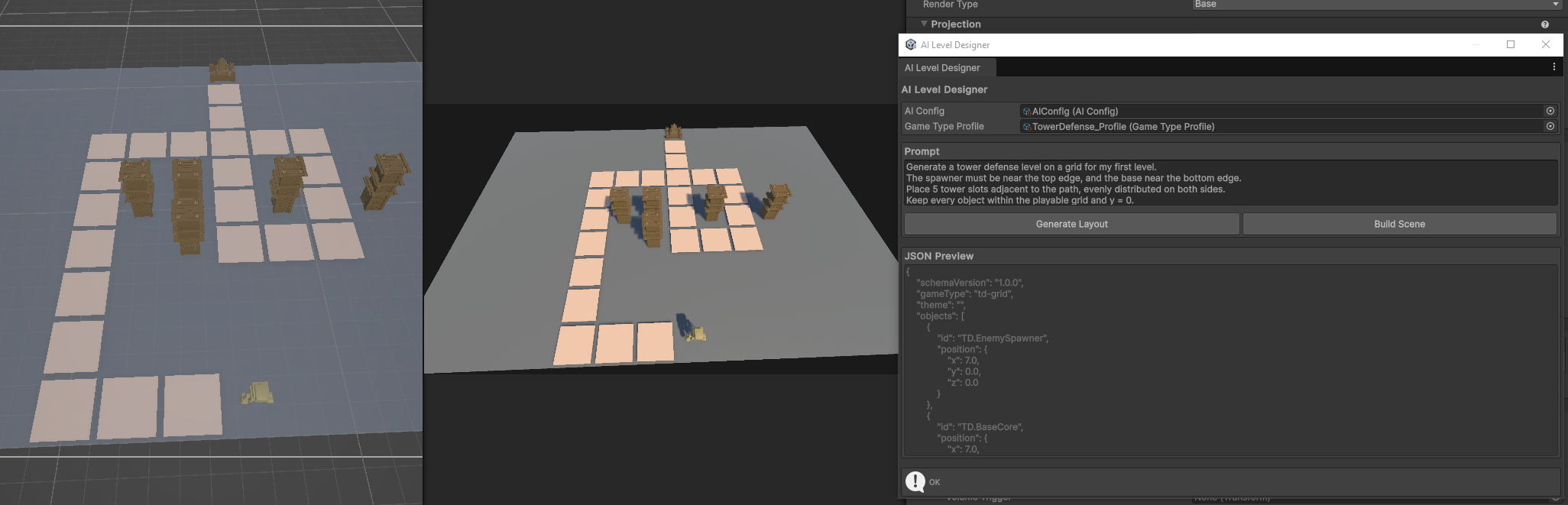 ตัวอย่างผังเกมป้องกันฐานใน Unity มีเส้นทางและตำแหน่งป้อมบนตาราง
