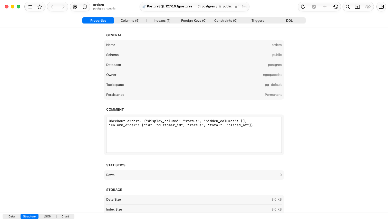 Properties tab listing name, schema, database, owner, tablespace and persistence above a comment field holding several lines of JSON