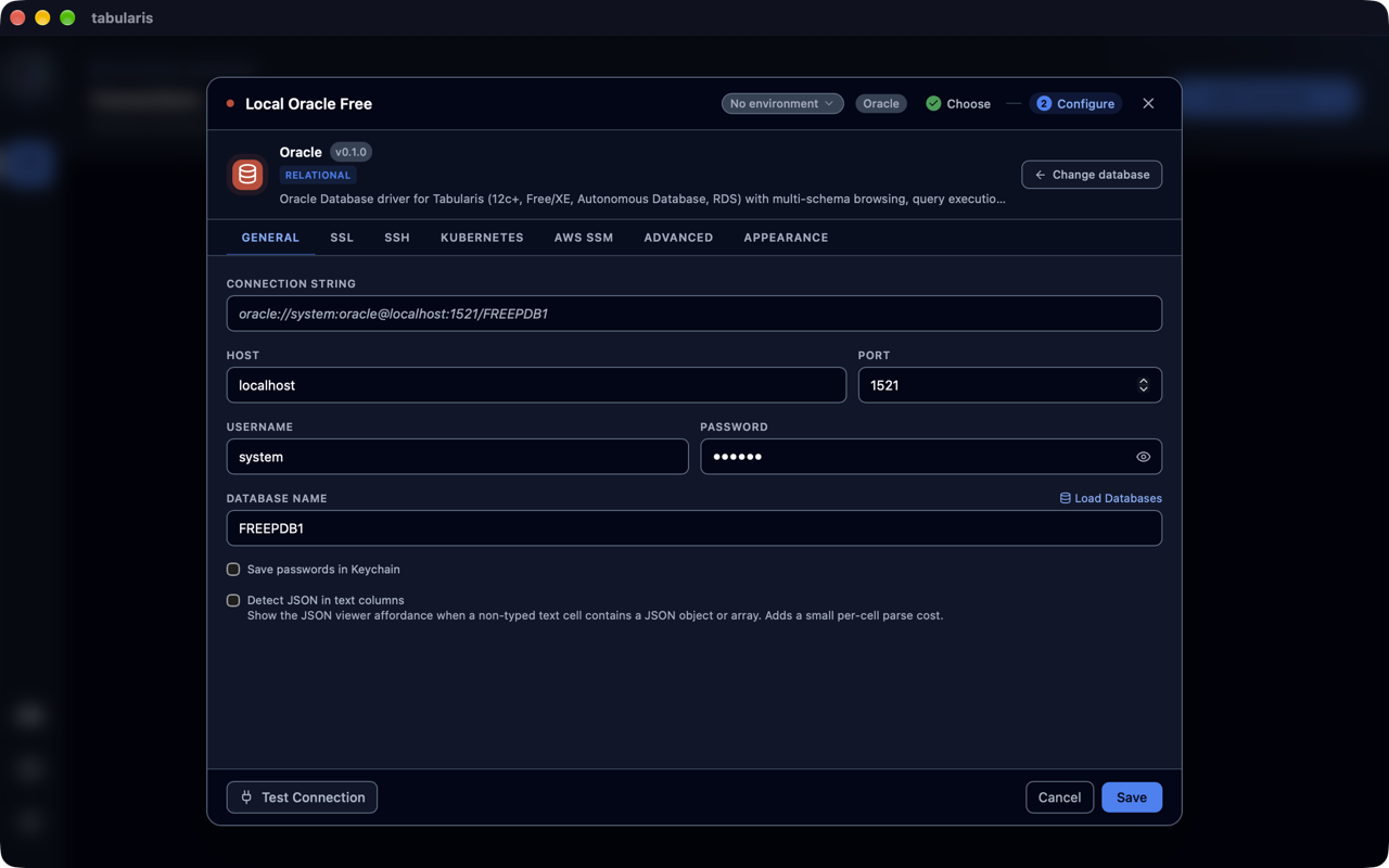 Oracle connection configuration form