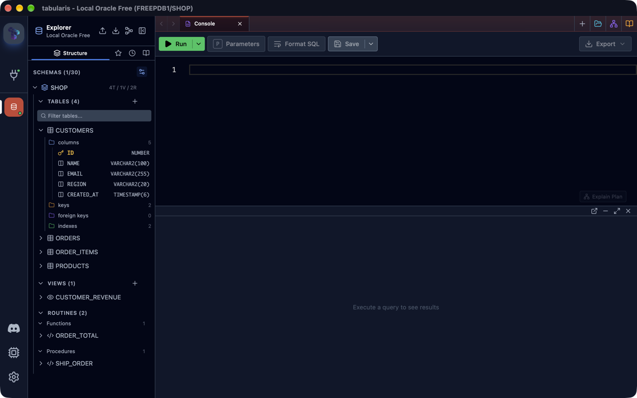 Oracle schema browser with tables, views and routines