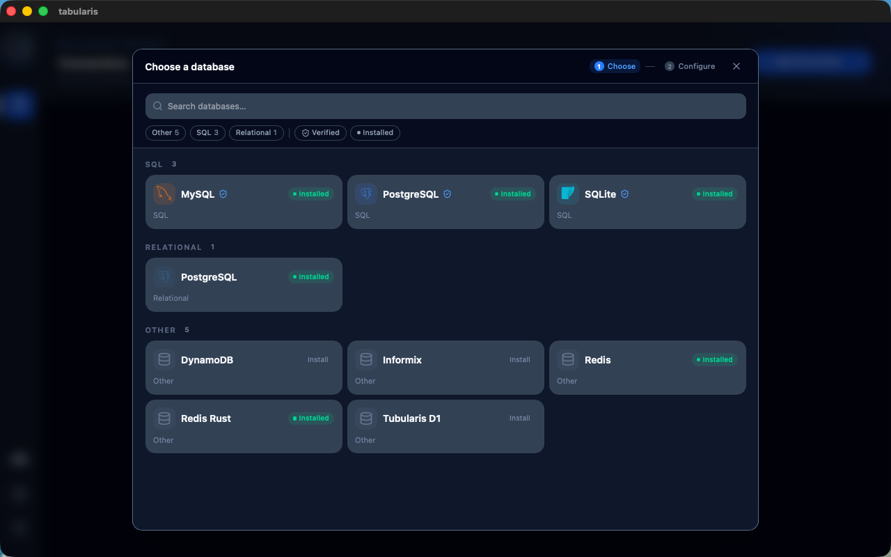 PostgreSQL listed in the Choose a database picker