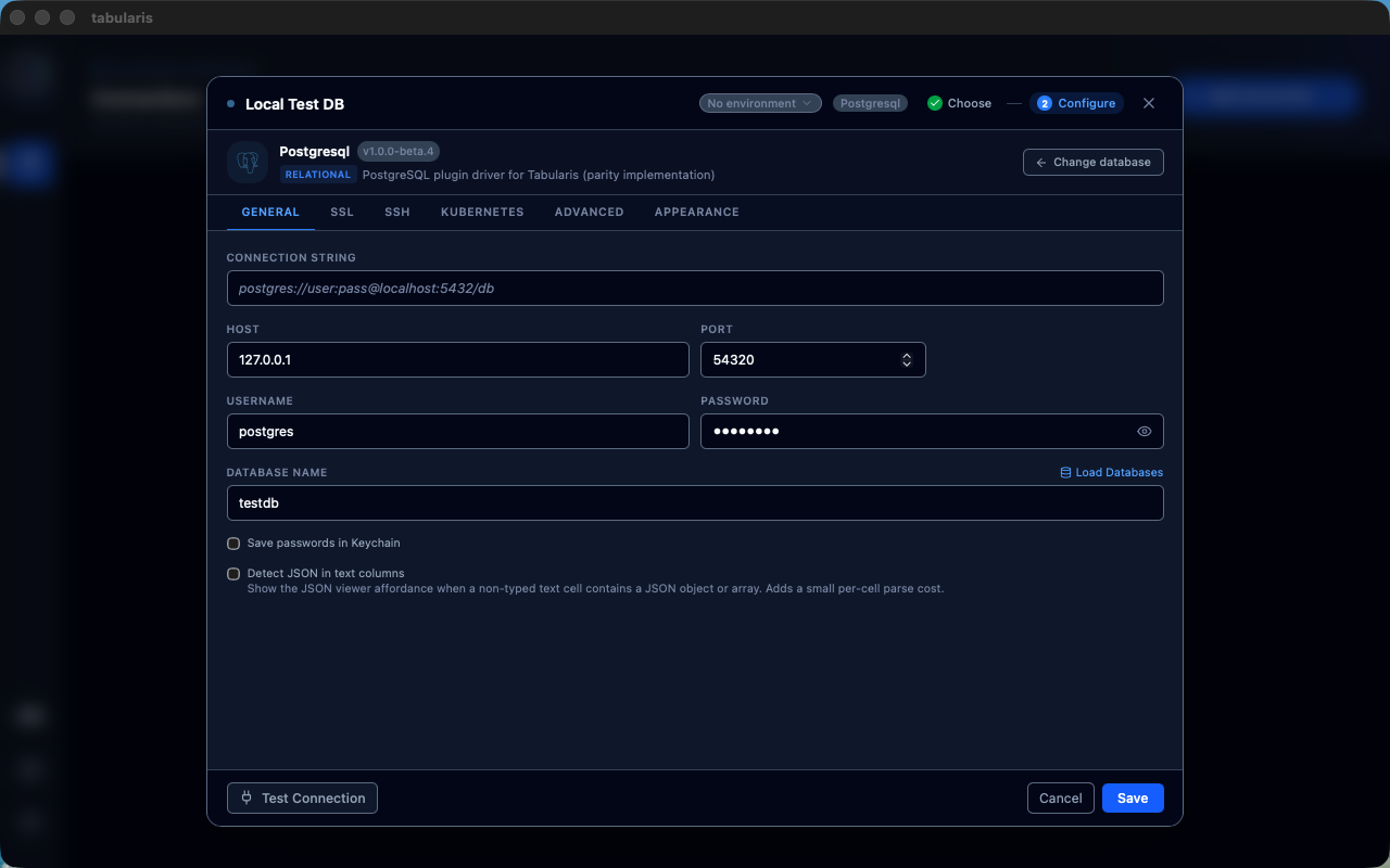 PostgreSQL connection form