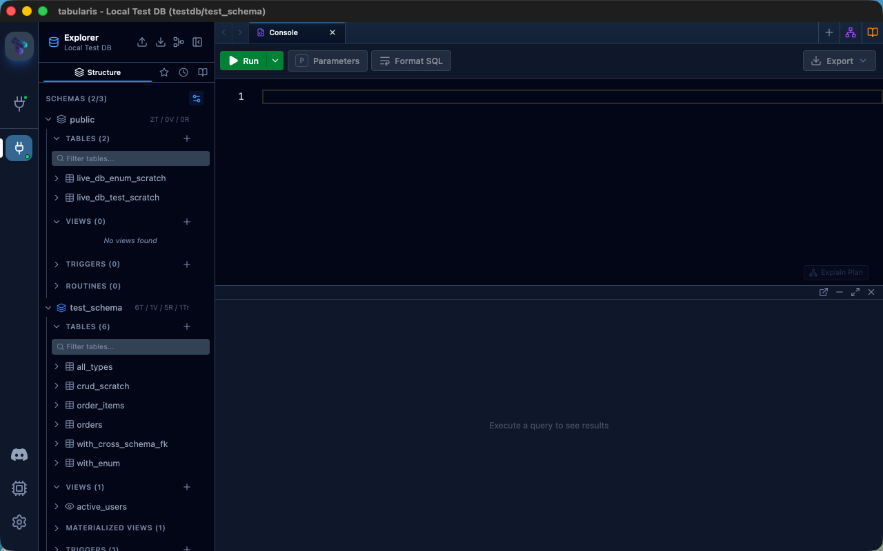 Schema browser showing tables, views, and materialized views