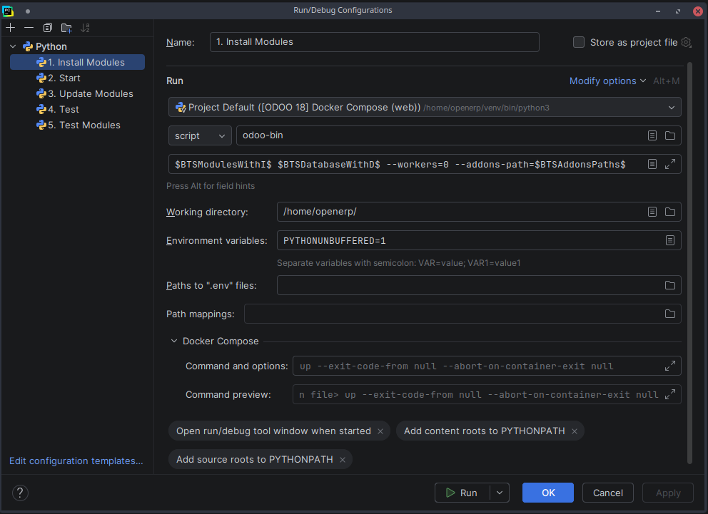 PyCharm Run Configuration for installing Odoo modules