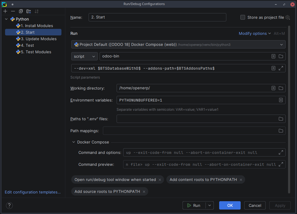 PyCharm Run Configuration for starting the Odoo server
