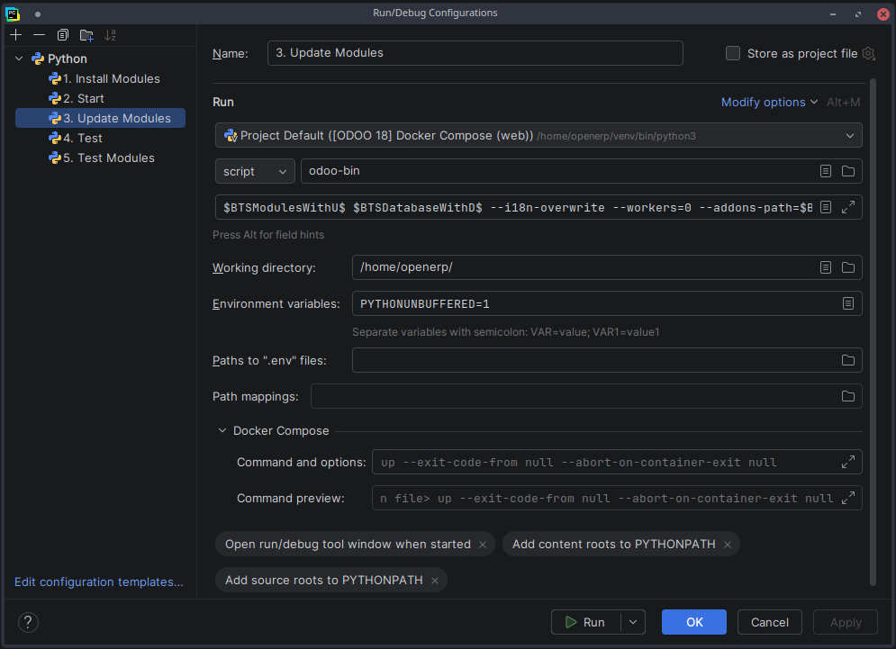 PyCharm Run Configuration for updating Odoo modules