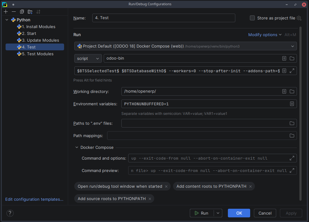 PyCharm Run Configuration for running single Odoo test