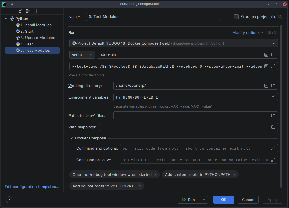 PyCharm Run Configuration for running tests on specific Odoo modules