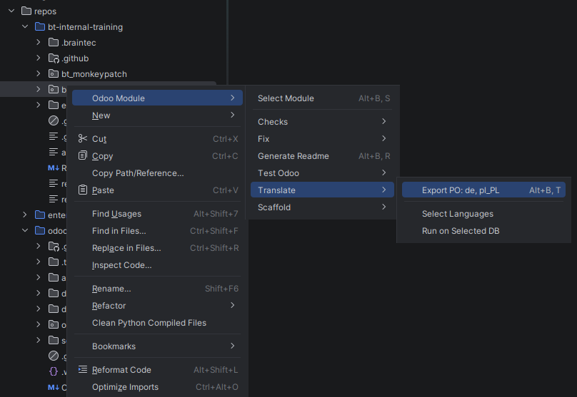 Context menu showing Odoo-specific actions for Braintec