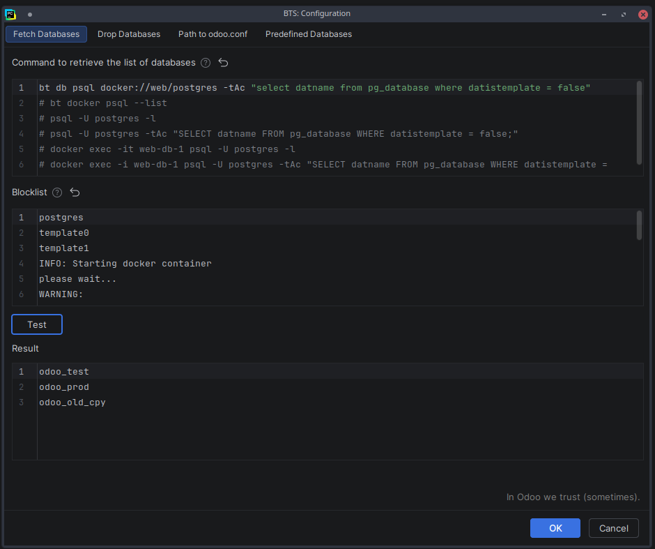 PyCharm interface for fetching the list of available Odoo databases