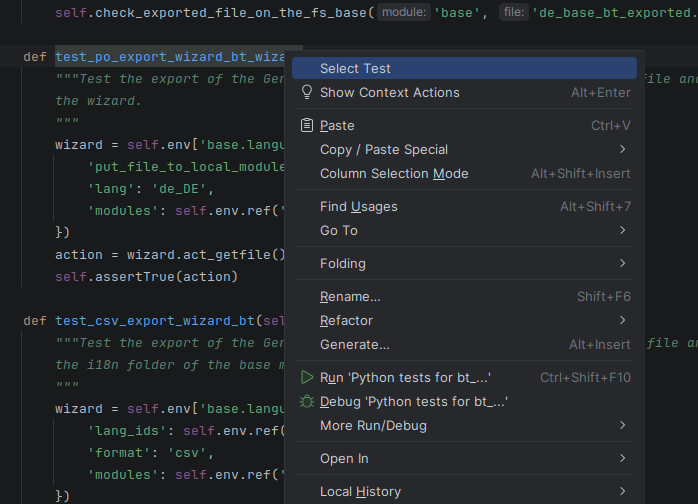 Odoo test selection context action for selecting a single test