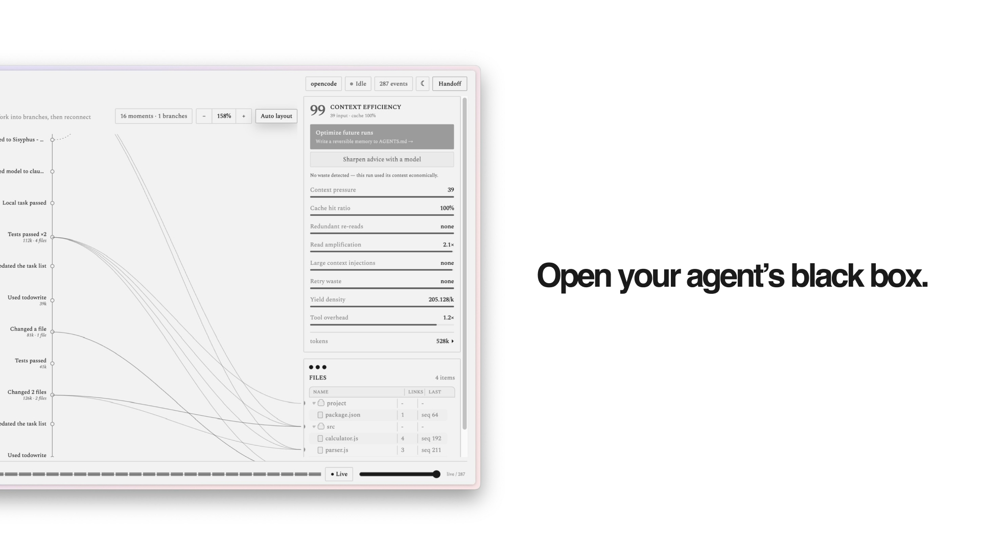 Agent-Blackbox hero image: a pale session-map dashboard fading into the headline 'Open your agent's black box.'